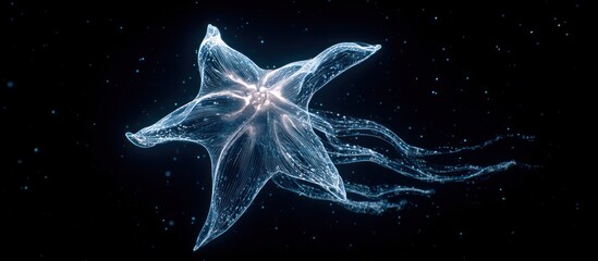 A bioluminescent star-shaped creature floats in a dark, starry expanse with flowing tendrils