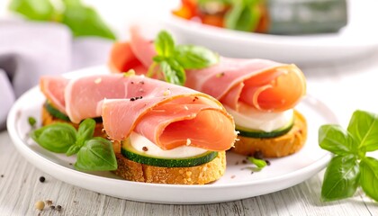 Delicious Prosciutto Crostini with Fresh Basil and Cucumber.