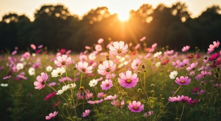 Obraz premium Field of colorful cosmos flowers bathed in warm sunlight, with a blurred treeline backdrop