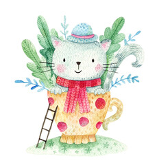 Hand painted watercolor illustration of a cat wearing a hat and scarf, sitting in a teacup with flowers, isolated on a white background