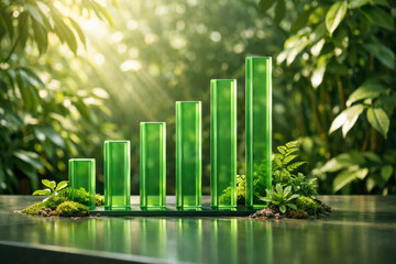 Green glass bar chart rising among lush nature shows sustain growth and positive economic trend toward ecological harmony with bright hope