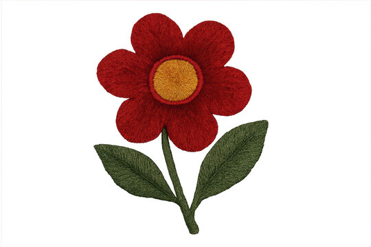 Embroidered red flower patch with green leaves