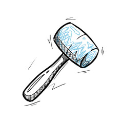 Rubber mallet with blue head and black handle in sketched style  