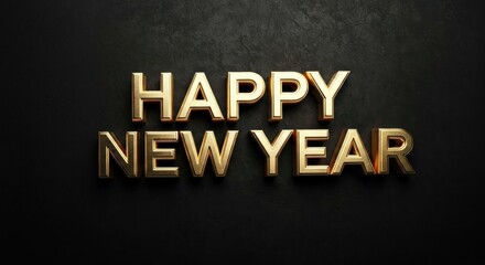 Gold "Happy New Year" text on a dark, textured background, celebratory and festive