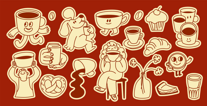 Vector sticker and badge design template, hand drawn doodle sketchy characters and mascots, specialty coffee shops, bakery and cafe emblems