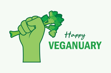 Veganuary annual challenge poster vector illustration. Protest hand holding green leaf symbol. Green raised hand with clenched fist icon. Vegan food design. Template for background, banner, card