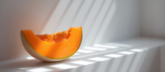 A slice of melon rests on a white surface, illuminated by striped light