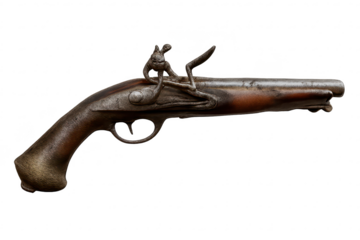 Antique flintlock pistol displayed on a transparent background image.
