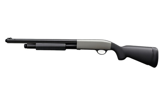 Black shotgun illustration on transparent background, pump-action style.