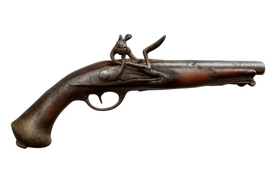 Antique flintlock pistol displayed on a transparent background image.