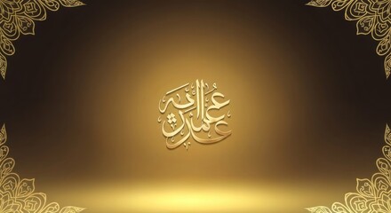 Golden Islamic calligraphy on a gradient background, ornate borders