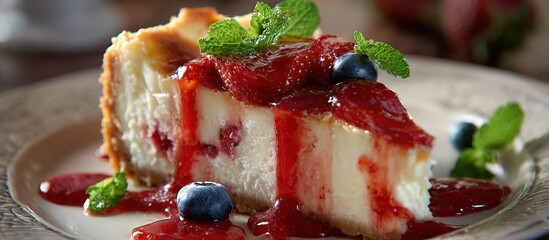A slice of strawberry cheesecake with mint, blueberries, and sauce on a decorative plate