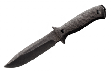 Tactical black knife with a transparent background, military grade blade.
