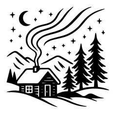 Cozy Cabin Night Illustration Black and White Forest Landscape