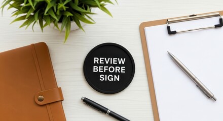 Black circular 'Review Before Sign' marker placed on a wooden desk near a clipboard and pen, signifying important approval step.