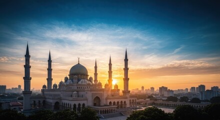 Naklejka premium Golden-domed mosque silhouetted against a vibrant sunrise, city skyline below