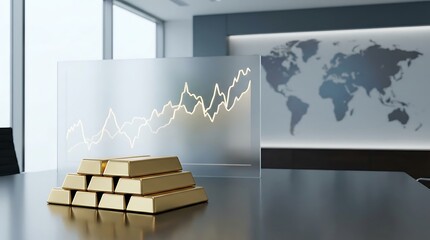 A stack of gold bars on a sleek office table with a graph and world map in the background