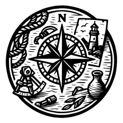 Compass Navigation Illustration Black and White Vintage Travel Design