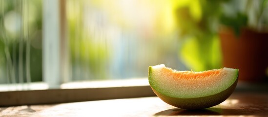 Slice of cantaloupe on wooden surface, backlit by sunlight with blurry green background