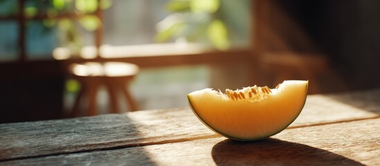 A bite taken out of a cantaloupe slice sits on a wooden surface, lit by warm sunlight