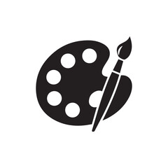 black silhouette icon of artist's paint palette and brush with circular wells, minimal vector ideal for creative, artistic, and design themes black silhouette icon of artist's paint palette and brush 