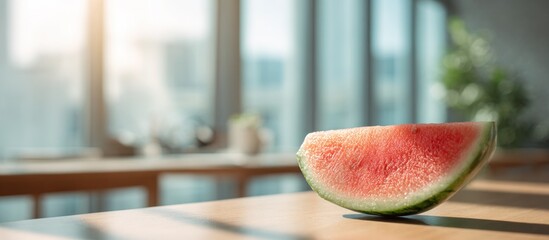 Slice of watermelon sits on a wooden table near a window. Bright sunlight streams in