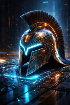 Futuristic warrior armor helmet resting on neon digital surface with glowing blue light accents showing powerful strength and ancient greek history meets modern cyber technology theme protection