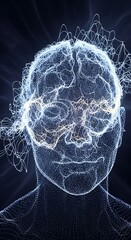 Digital representation of human head showing energetic neural activity inside the cranium