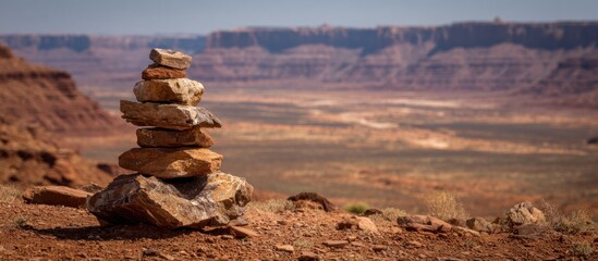 Stacked stones overlook a vast, arid landscape under a clear sky, in a scenic natural vista