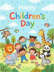 Fototapeta premium Happy Children’s Day Cute Kids and Animals Illustration in Pastel Crayon Style