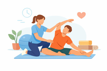 Active female physical therapist helping patient stretch back feeling relief and recovery on yoga mat with care during rehabilitation session