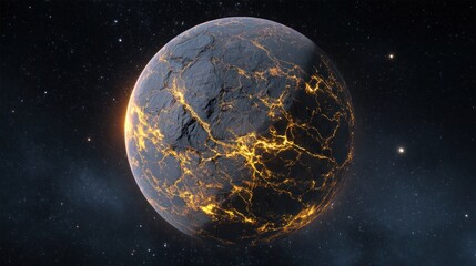 A celestial sphere with cracked, dark surface lit by molten rivers, floating in cosmic space