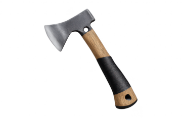 Axe with a wooden handle on a transparent background, camping tool.