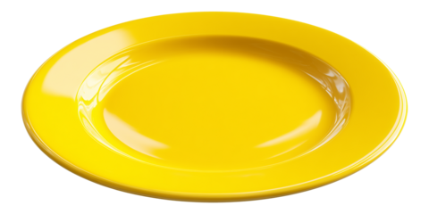empty bright yellow round plate with strong glossy finish shown in a clear angled view