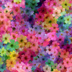 Beautiful colorful vintage style bohemian floral flower garden retro art background watercolor acrylic painting texture and depth bright cheerful dynamic nature high angle view