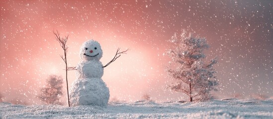 A smiling snowman stands in a snow-covered landscape with trees and falling snowflakes