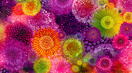 Bright colorful flower garden positive emotion abstract art illustration multicolor neon paint texture big flowers nature spring summer background artistic eye catching cheerful dynamic hand drawn