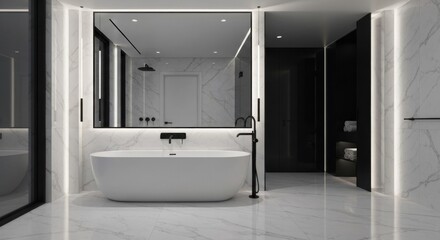Luxurious modern bathroom with marble walls, freestanding tub, and elegant fixtures