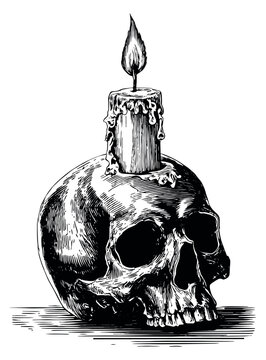 Hand drawn line art illustration of a human skull depicting a burning candle for memento mori or gothic designs