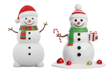 3D cartoon cute Snowman set wearing scarf isolated on transparent background, PNG file