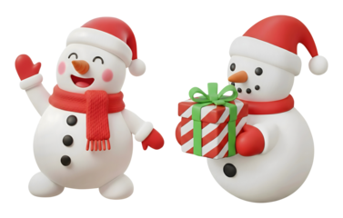 3D cartoon cute Snowman set wearing Santa hat and red scarf isolated on transparent background, PNG file