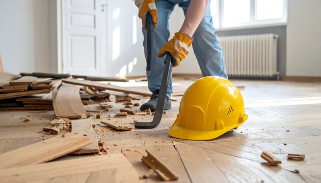 Demolition and Renovation - Removing Old Flooring with a Crowbar.