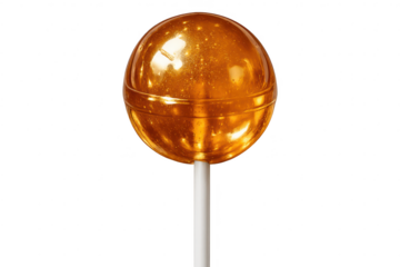 Shiny gold lollipop candy on transparent background, sweet confection.