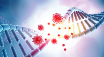 3D illustration of Virus particles attacking or interacting with a DNA Double Helix strand. Genetic infection and virology concept.