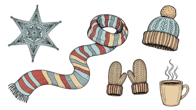 A collection of winter accessories including a hat, scarf, gloves, and a hot beverage, with a decorative star, on a clean white background.