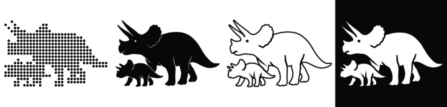 Mother and baby triceratops walking together, depicted in various graphic styles