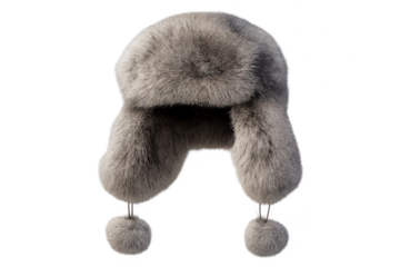 Fur Ushanka Hat with Pom-poms on transparent background for winter days