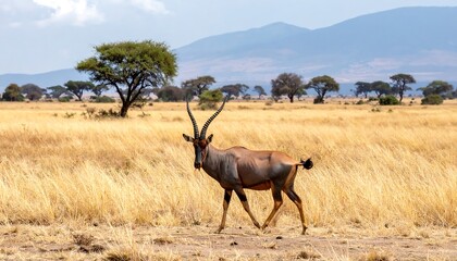 Fototapeta premium Majestic Hartebeest Strolling Through the African Savannah Landscape.