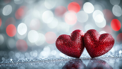 Fototapeta premium Valentine Day theme with shiny red heart shapes on a white background set in soft focus creating a bokeh effect around copy space