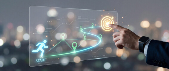 Business strategy road map showing digital path from start to target with navigation icons and goal achievement.